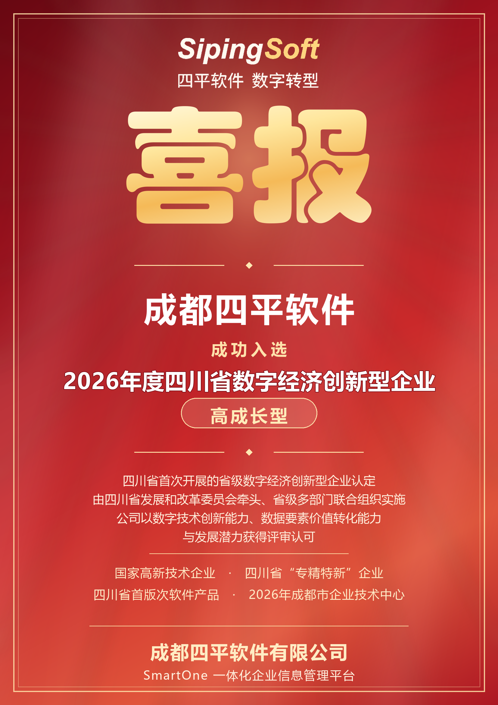 四平软件，SipingSoft，SmartOne，数字化转型，智能制造，制造业一体化管理，生物制药，装备制造，智能化改造，PLM，CRM，SRM，PS，ERP，BI，AI，2026，创新型企业